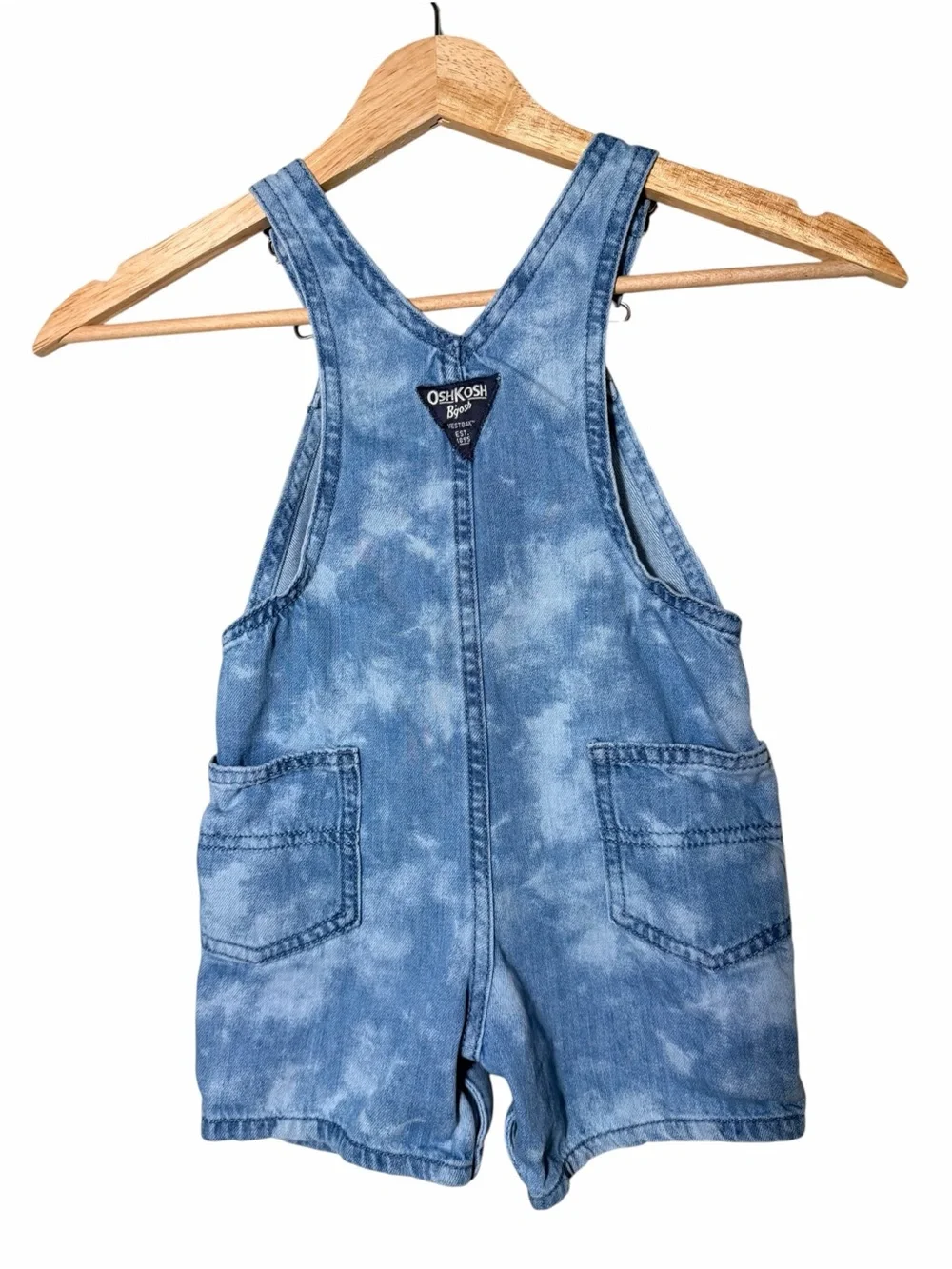 OshKosh B'gosh Acid-Wash Denim Short Overalls with Flag Patch Blue & Red